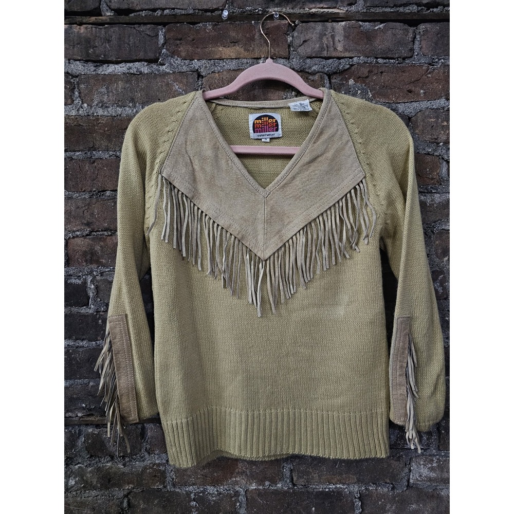 Vintage Miller Outerwear Western Sweater Brown Pig Suede Leather Fringe Small